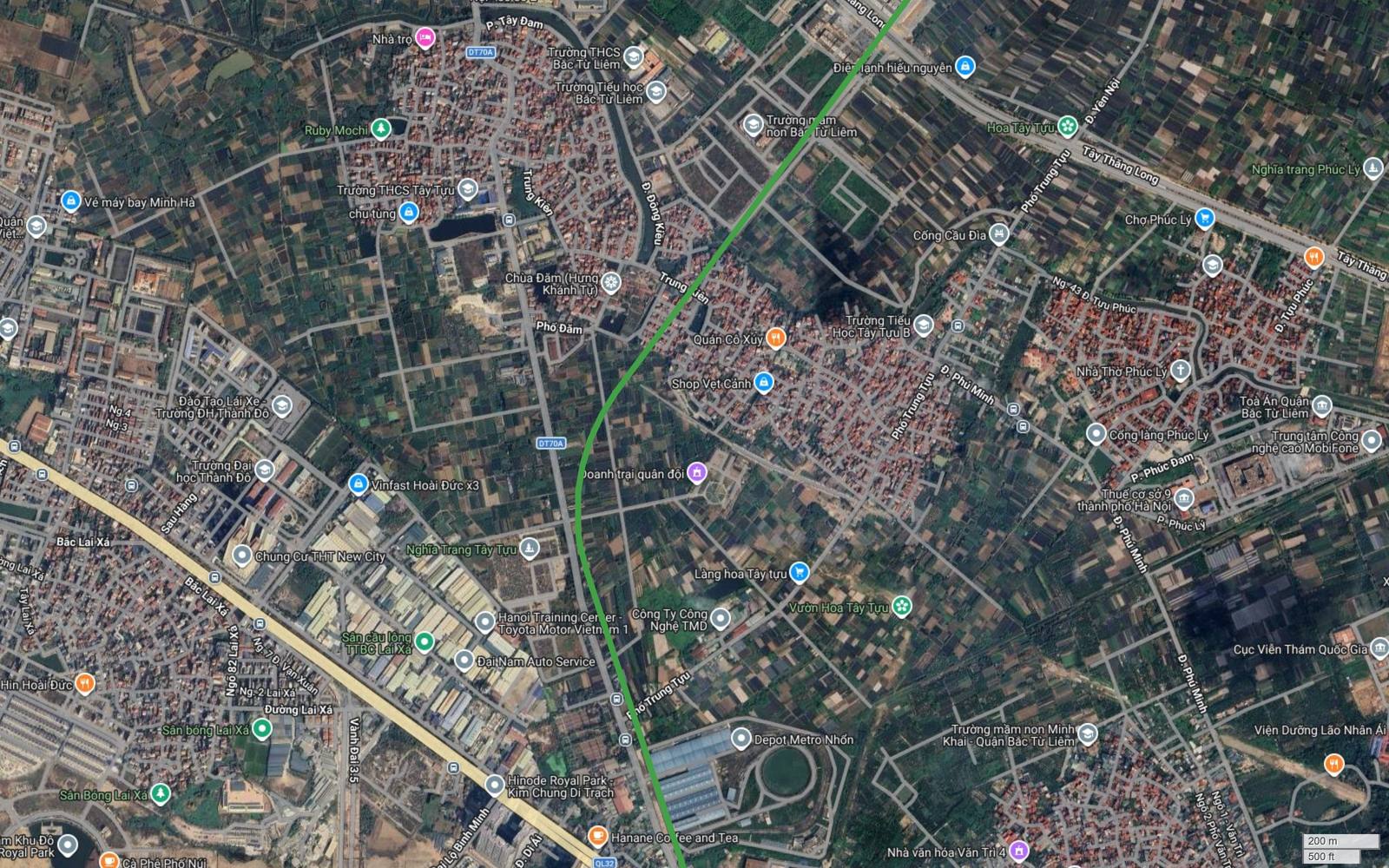 Tuyến metro số 4 Hà Nội đi qua khu Tây Tựu Bắc Từ Liêm với vạch xanh chạy dọc trục Trung Kiên giữa vùng làng hoa